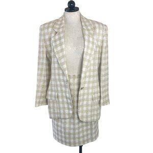Perry Ellis Vintage Womens Skirt Suit Size 6 Cream Plaid Pockets Casual